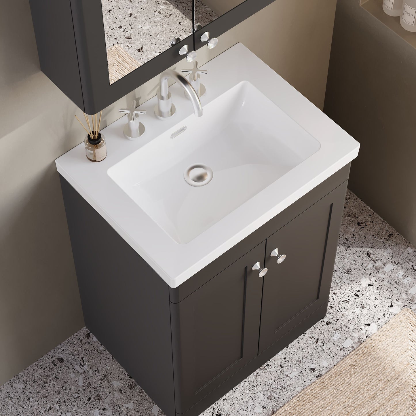 Nuie Classique 600mm Soft Black Floor Standing 2-Door Vanity Unit with 3 Tap Hole Basin