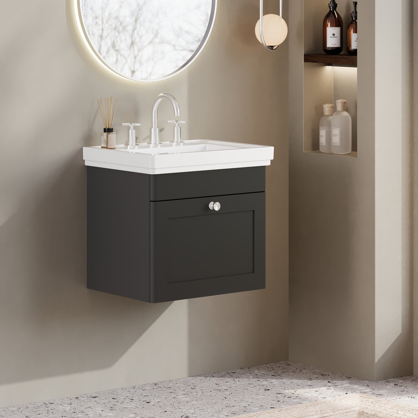 Nuie Classique 500mm Wall Hung 1 Drawer Vanity Unit with 3 Tap Hole Basin