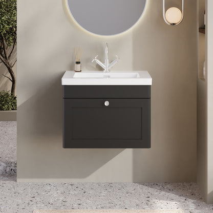 Nuie Classique Traditional 600mm Soft Black Wall Hung 1-Drawer Vanity Unit With Basin, 1 Tap Hole