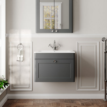 Classique Wall Hung 1 Drawer Vanity Basin Unit & 1 Tap Hole Stone Basin, 600mm