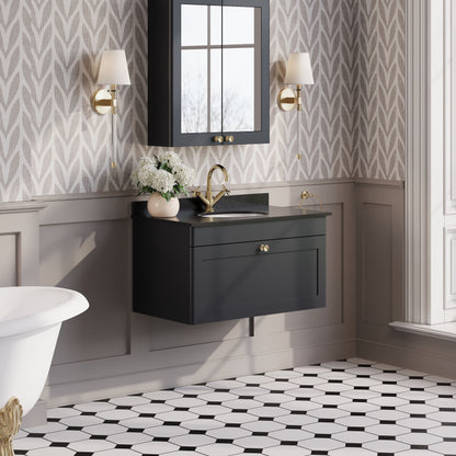Nuie Classique 800mm Soft Black Wall Hung Vanity Unit with Basin with 1 Tap Hole, Handle & Backsplash