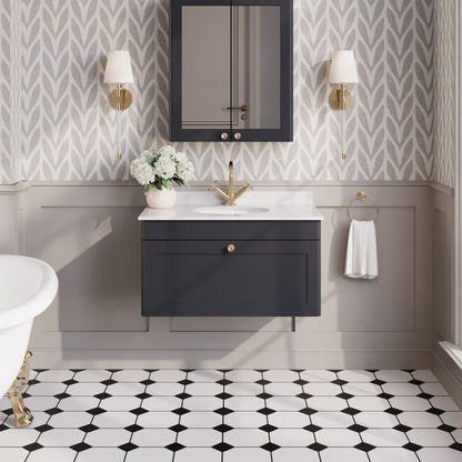 Nuie Classique Soft Black 800mm Wall Hung 1 Drawer Vanity Unit with Marble Top, Basin, Handle & Backsplash