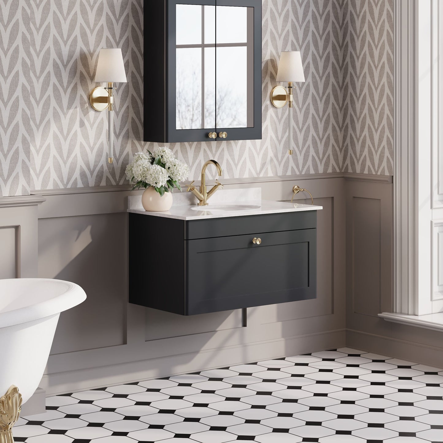 Nuie Classique Soft Black 800mm Wall Hung 1 Drawer Vanity Unit with Marble Top, Basin, Handle & Backsplash