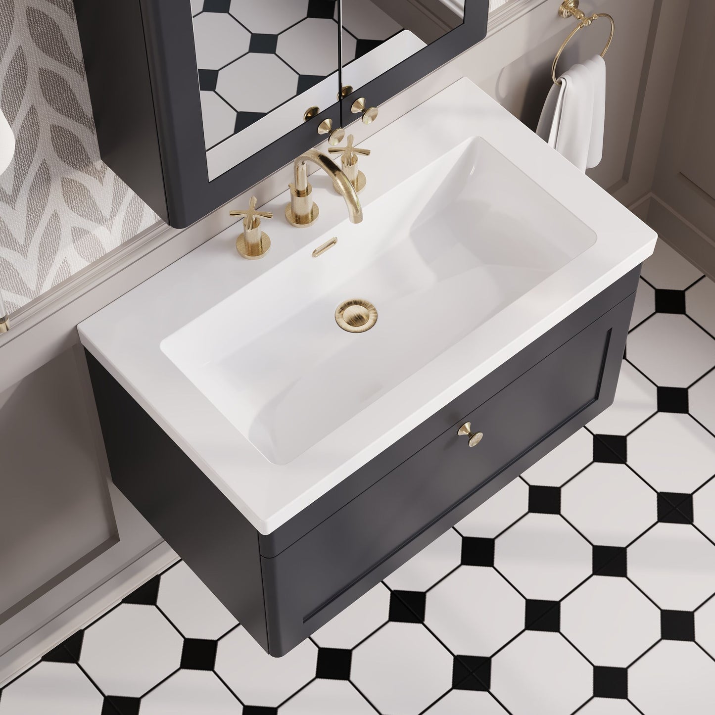 Nuie Classique 800mm Soft Black Wall Hung Single Drawer Vanity with 3 Tap Hole Basin With Chrome Handle