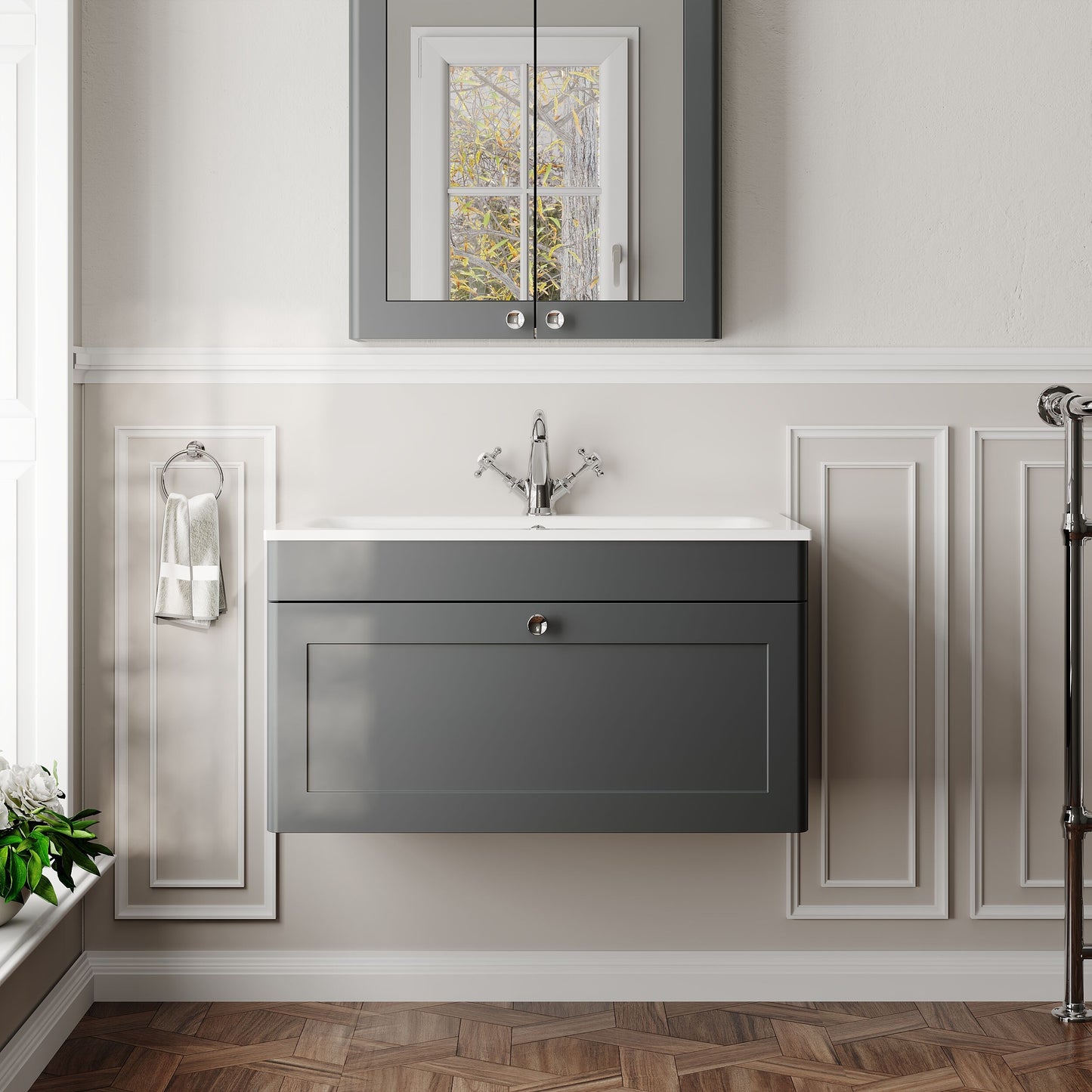 Classique Wall Hung 1 Drawer Vanity Basin Unit & 1 Tap Hole Stone Basin, 800mm