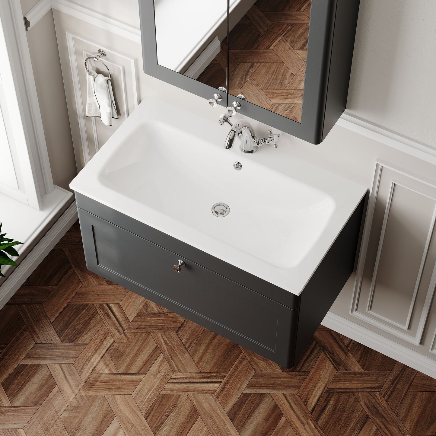 Classique Wall Hung 1 Drawer Vanity Basin Unit & 1 Tap Hole Stone Basin, 800mm