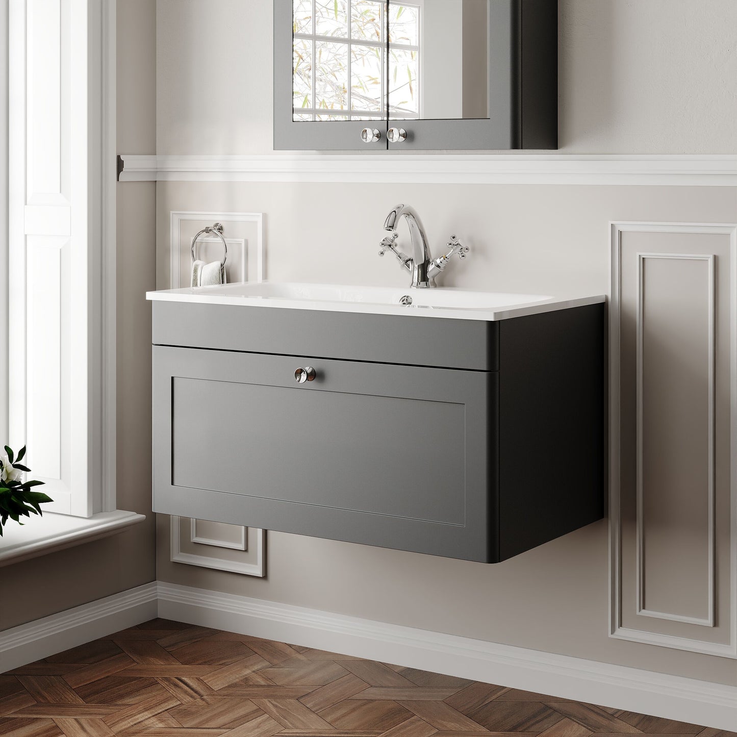 Classique Wall Hung 1 Drawer Vanity Basin Unit & 1 Tap Hole Stone Basin, 800mm