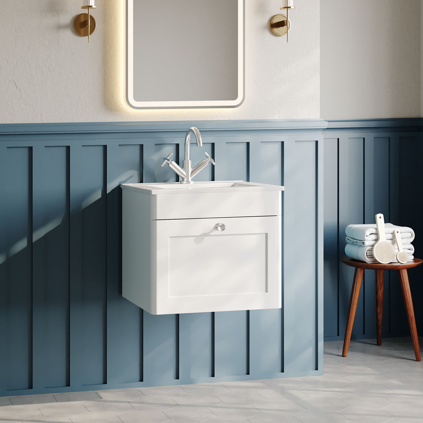 Nuie Classique 500mm Satin White Wall Hung 1 Drawer Vanity Unit Including Basin With Chrome Handle