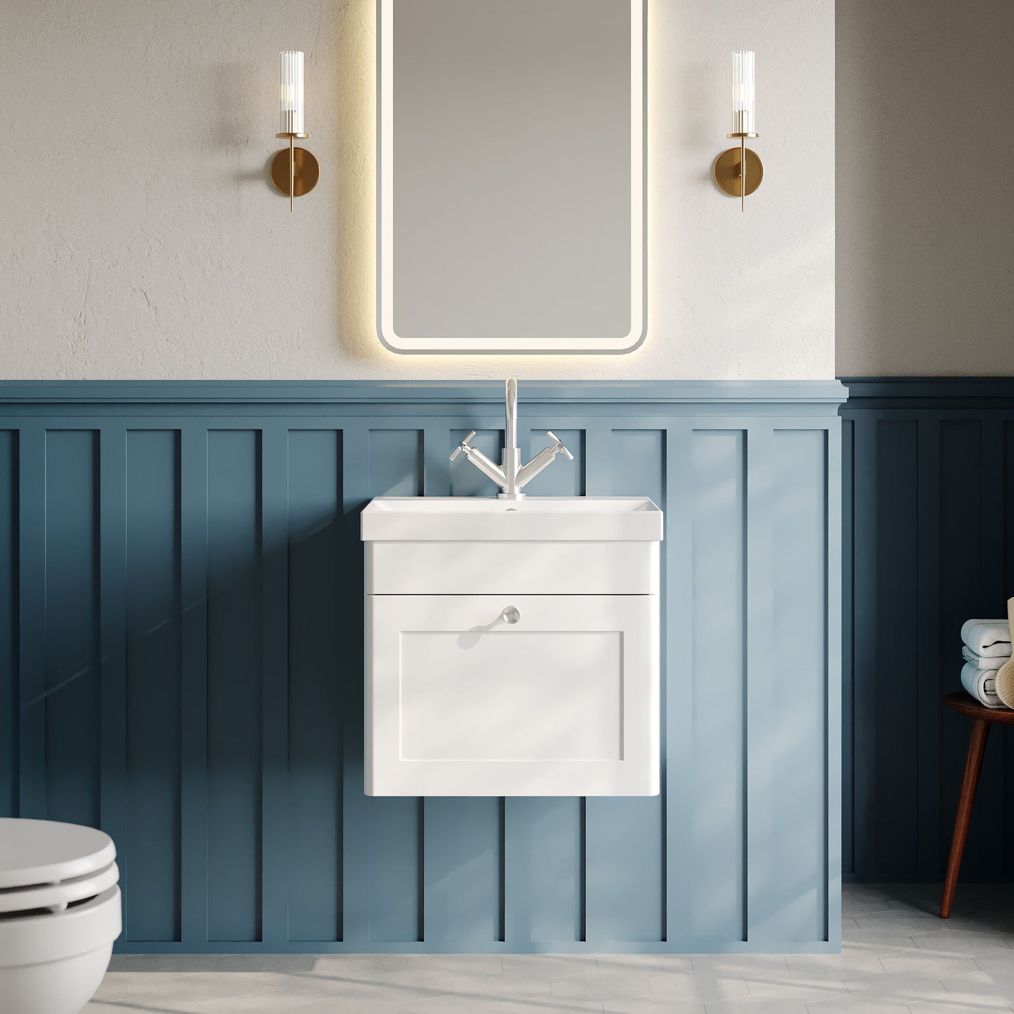 Nuie Classique 500mm Satin White Wall Hung 1 Soft Close Drawer Vanity Unit with Basin & Chrome Handle