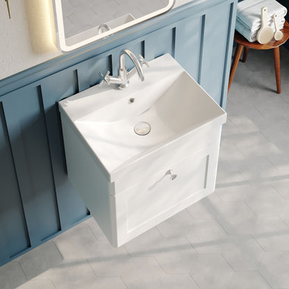 Nuie Classique 500mm Satin White Wall Hung 1 Soft Close Drawer Vanity Unit with Basin & Chrome Handle