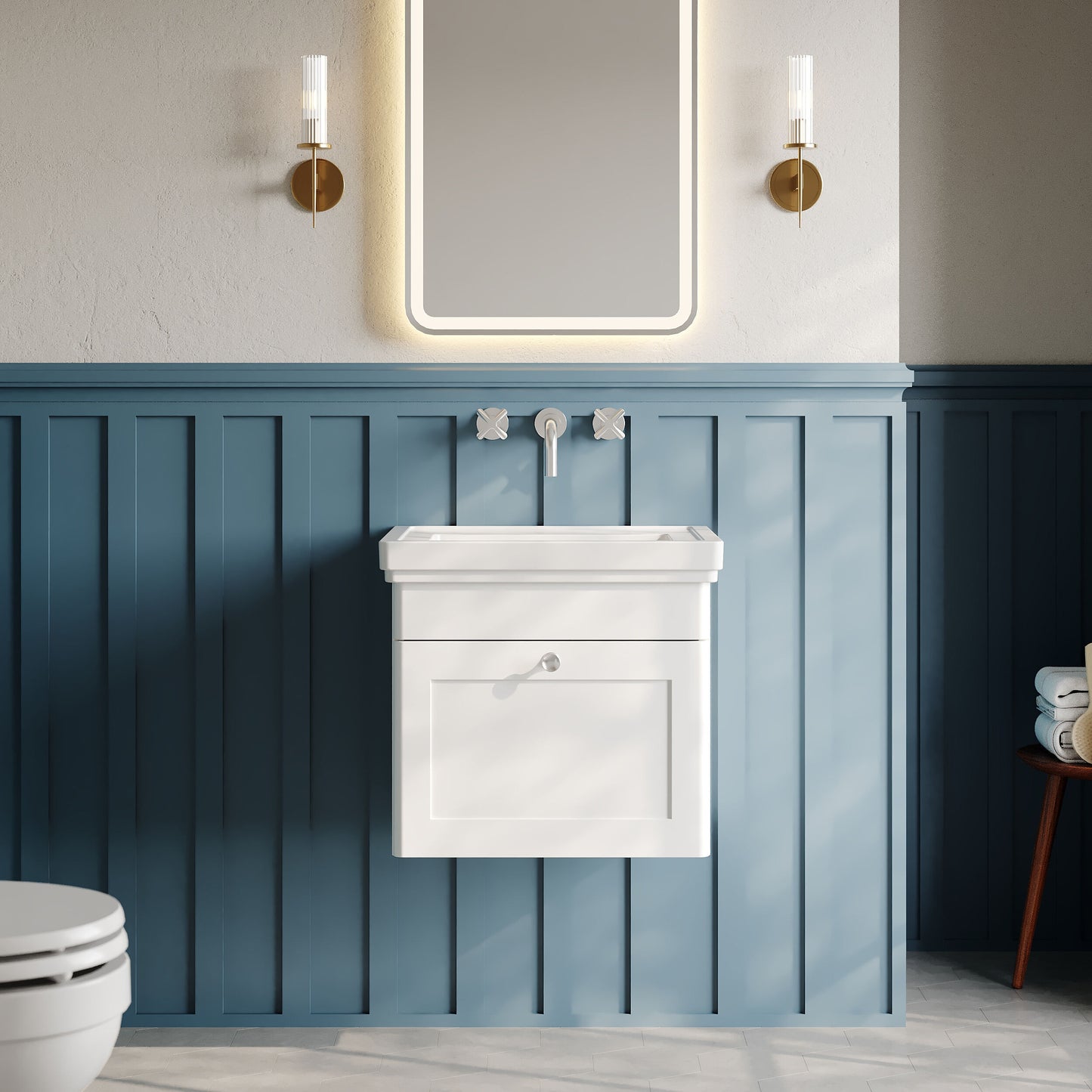 Nuie Classique 500mm Satin White Wall Hung 1 Drawer Vanity Unit & Basin With Chrome Handle