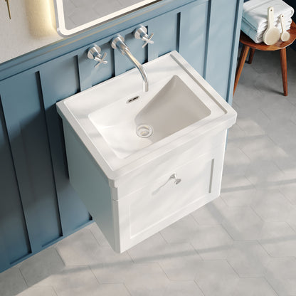 Nuie Classique 500mm Satin White Wall Hung 1 Drawer Vanity Unit & Basin With Chrome Handle