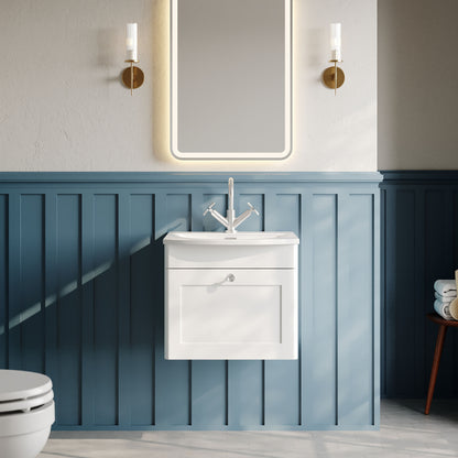 Nuie Classique 500mm Satin White Wall Hung 1 Drawer Vanity Unit With Curved Basin