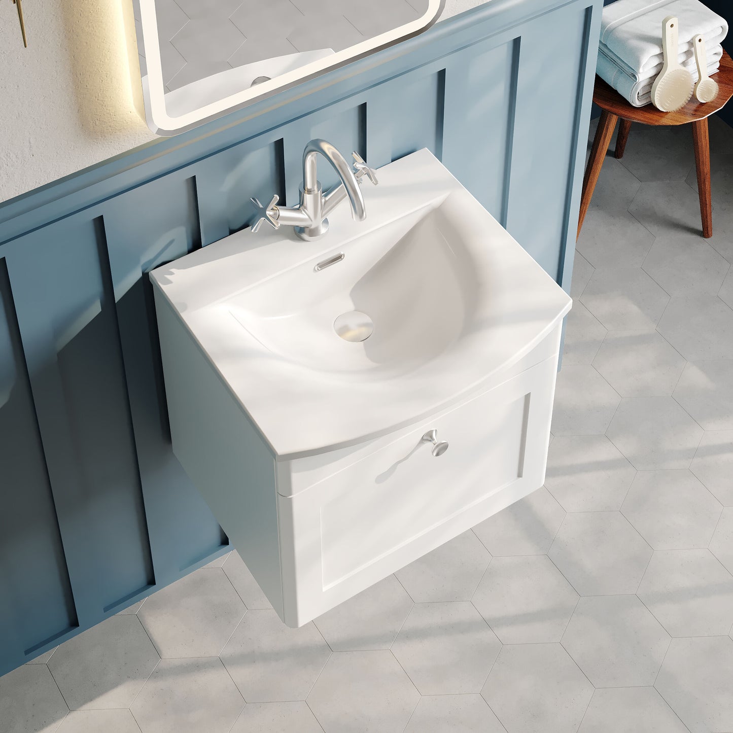 Nuie Classique 500mm Satin White Wall Hung 1 Drawer Vanity Unit With Curved Basin