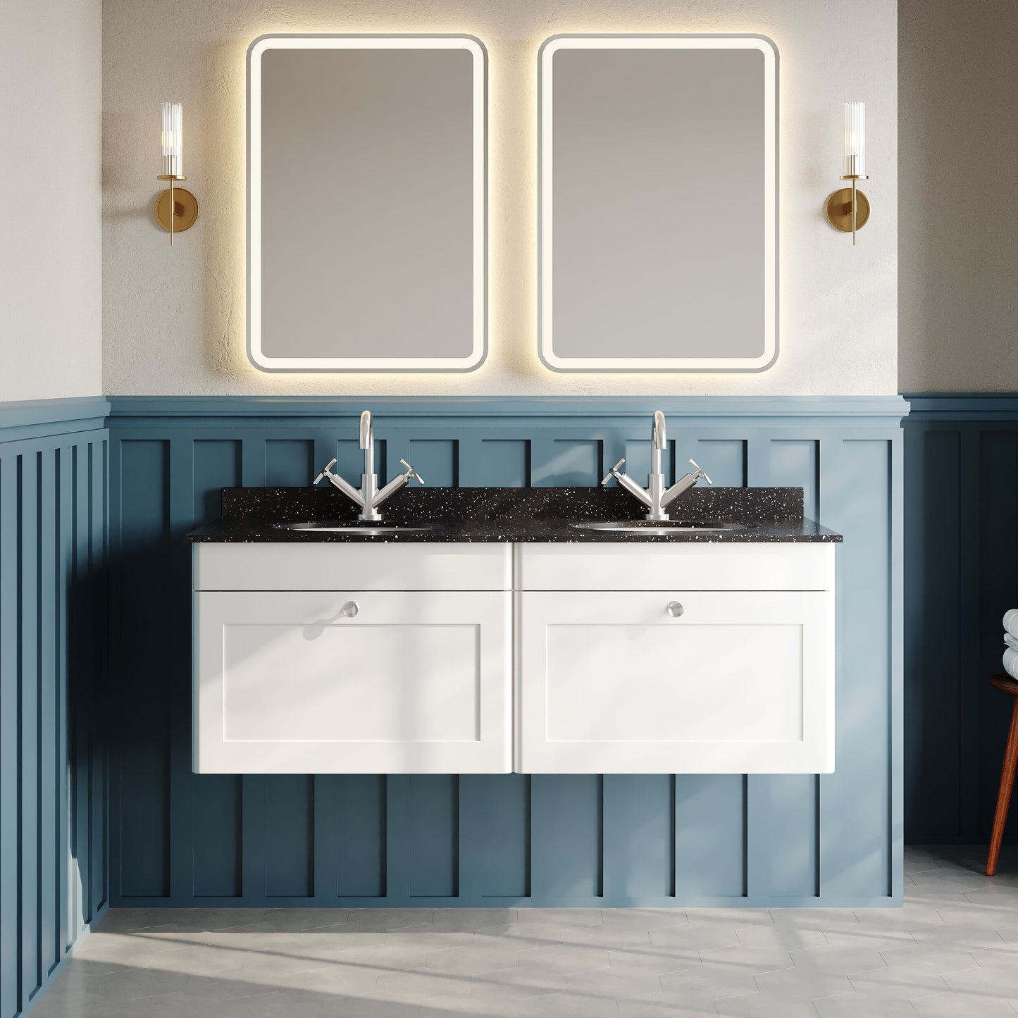 Nuie Classique 1200mm 2 Drawer Wall Hung Vanity Unit With 2 Tap Hole Round Basin, Handles & Backsplash