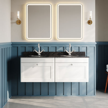 Nuie Classique 1200mm 2 Drawer Wall Hung Vanity Unit With 2 Tap Hole Round Basin, Handles & Backsplash