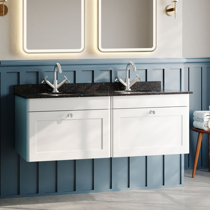 Nuie Classique 1200mm 2 Drawer Wall Hung Vanity Unit With 2 Tap Hole Round Basin, Handles & Backsplash