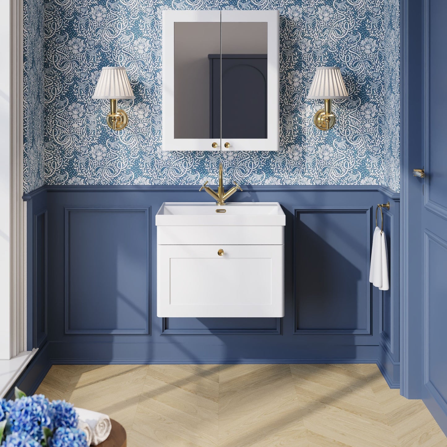 Nuie Classique 600mm Satin White Wall Hung 1-Drawer Vanity Unit with 1 Tap Hole Basin