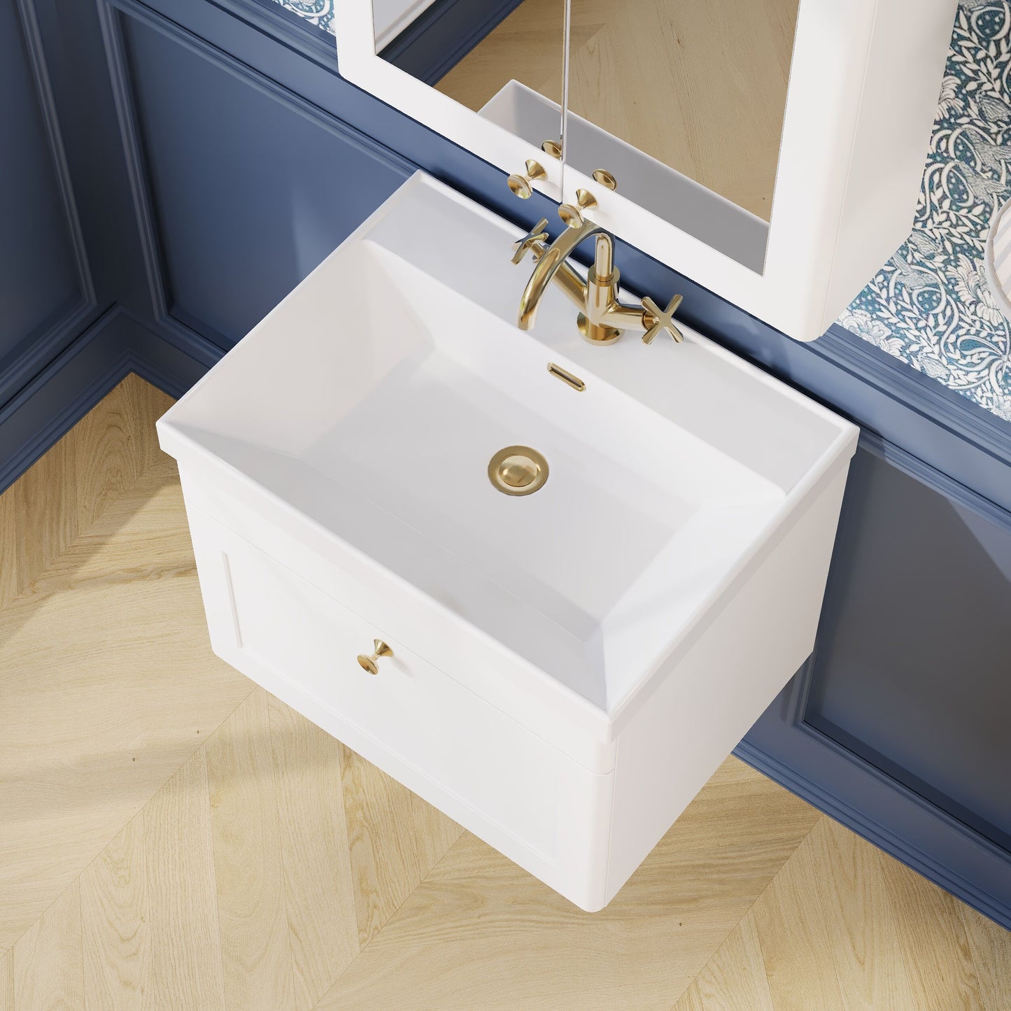 Nuie Classique 600mm Satin White Wall Hung 1-Drawer Vanity Unit with 1 Tap Hole Basin