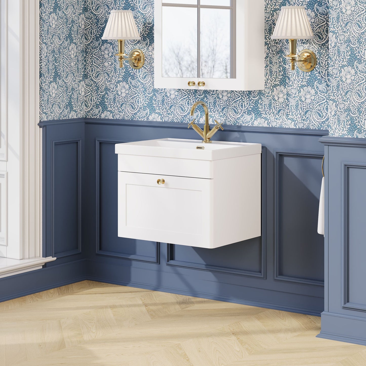 Nuie Classique 600mm Satin White Wall Hung 1-Drawer Vanity Unit with 1 Tap Hole Basin