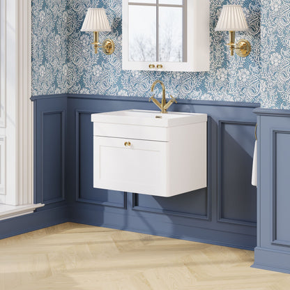 Nuie Classique 600mm Satin White Wall Hung 1-Drawer Vanity Unit with 1 Tap Hole Basin