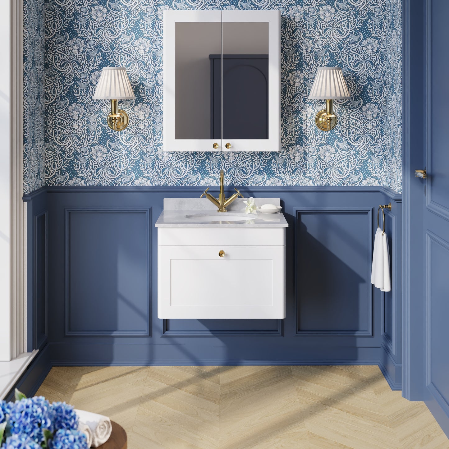 Nuie Classique 620mm Satin White Wall Hung 1 Drawer Vanity Unit With Basin, 1 Tap Hole, Overflow & Chrome Handle