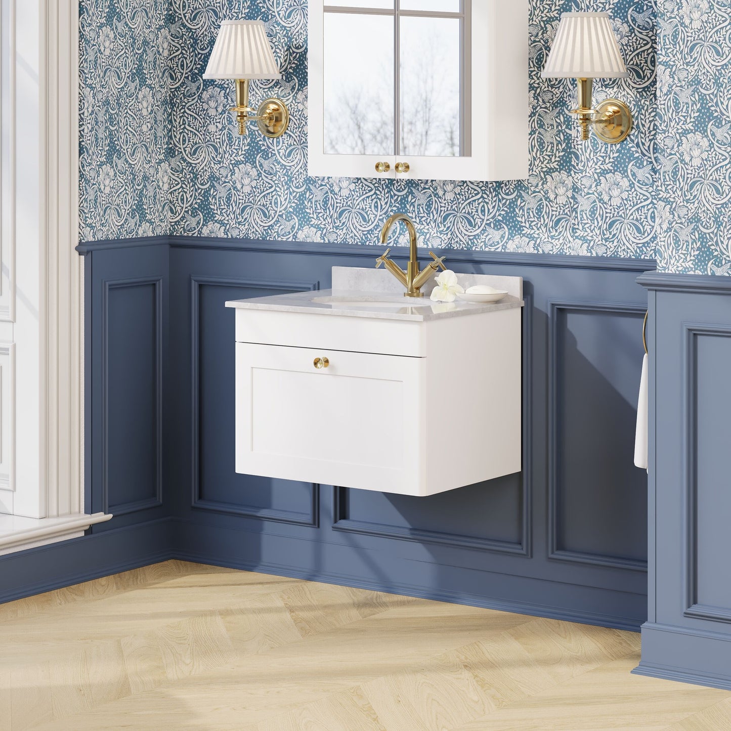 Nuie Classique 620mm Satin White Wall Hung 1 Drawer Vanity Unit With Basin, 1 Tap Hole, Overflow & Chrome Handle