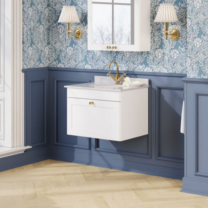 Nuie Classique 620mm Satin White Wall Hung 1 Drawer Vanity Unit With Basin, 1 Tap Hole, Overflow & Chrome Handle