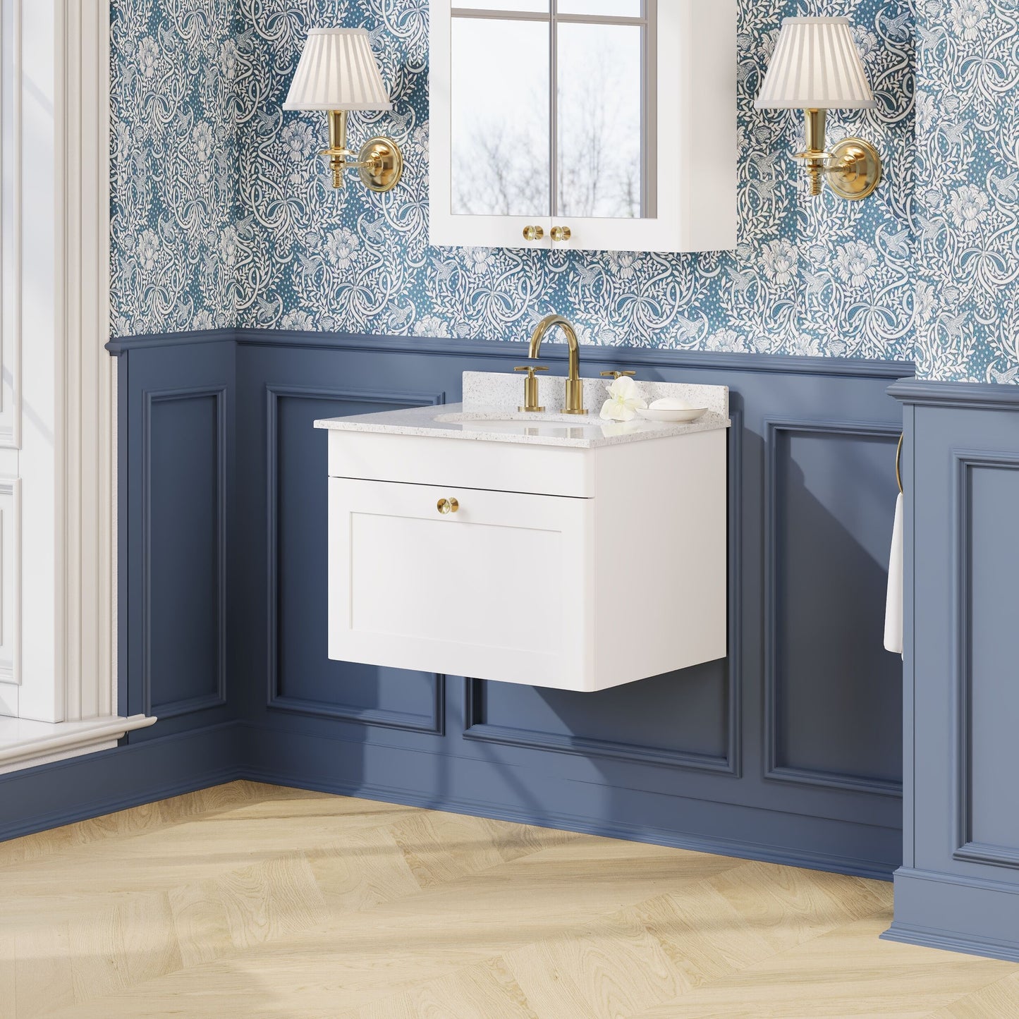 Nuie Classique 600mm Wall Hung Vanity Unit With 3 Tap Hole Marble Top & Oval Basin