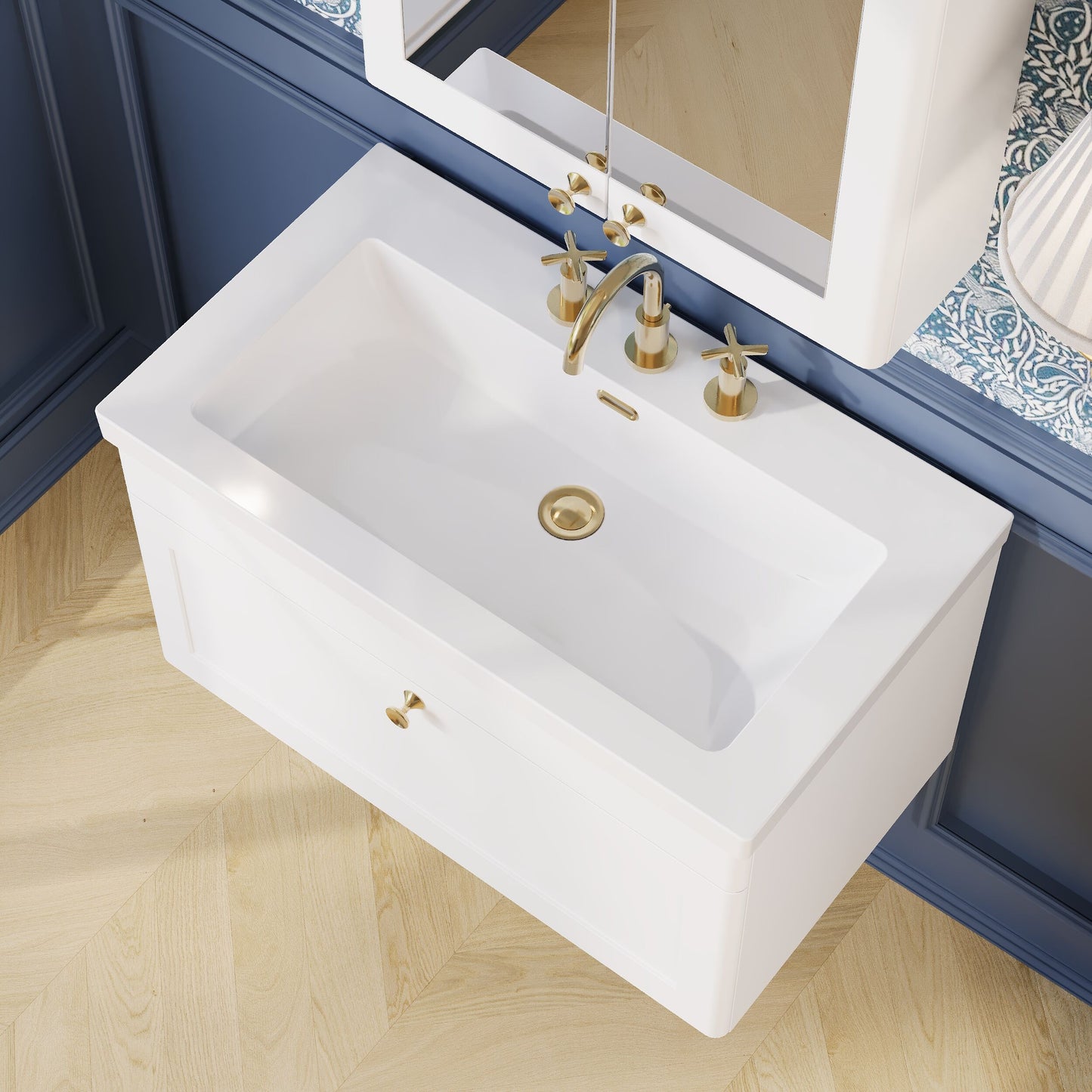Nuie Classique 800mm Satin White Wall Hung Single Drawer Vanity Unit with 3 Tap Hole Basin