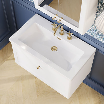 Nuie Classique 800mm Satin White Wall Hung Single Drawer Vanity Unit with 3 Tap Hole Basin