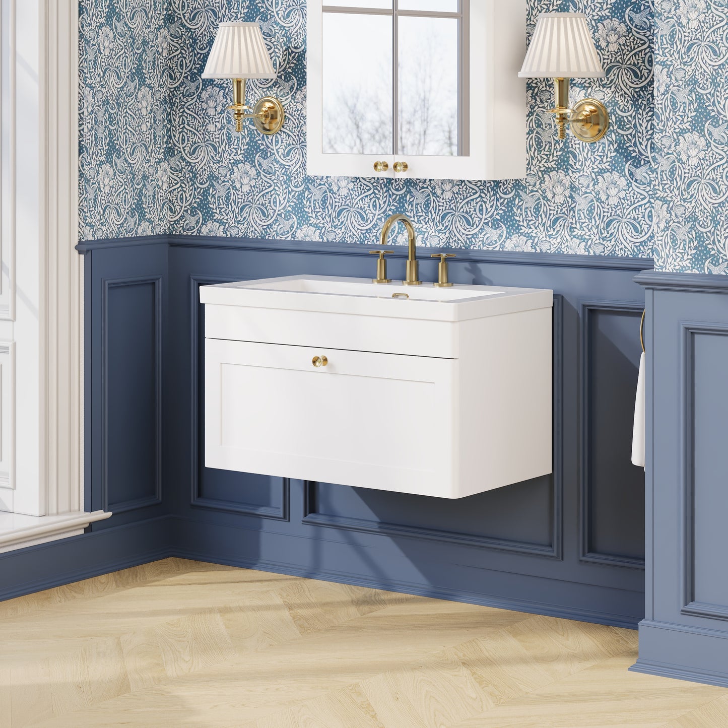Nuie Classique 800mm Satin White Wall Hung Single Drawer Vanity Unit with 3 Tap Hole Basin