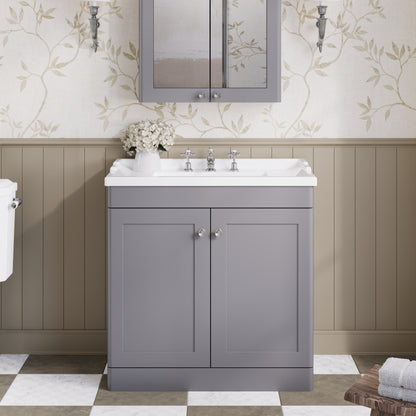 Nuie Classique 800mm Satin Grey Floor Standing 2 Door Vanity Unit with 3 Tap Hole Basin