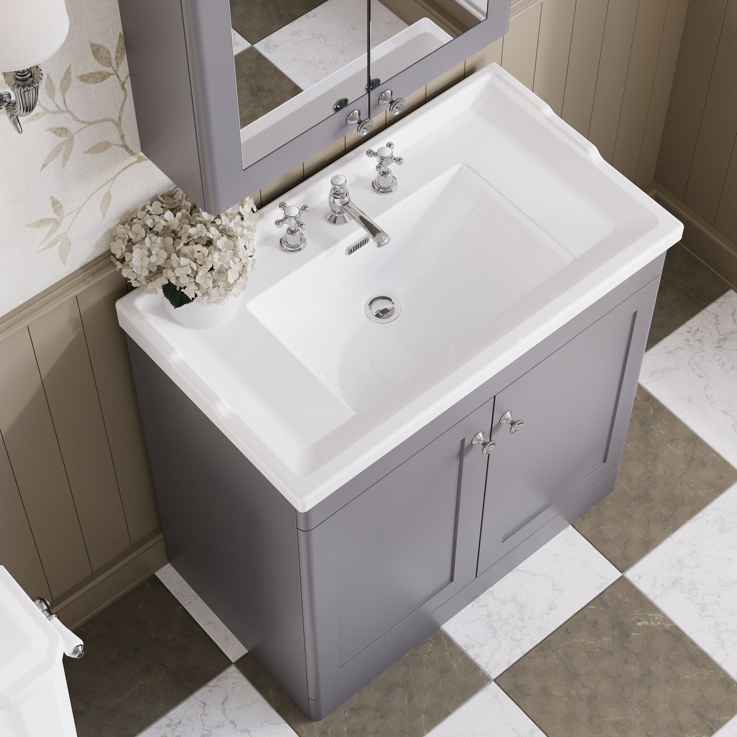 Nuie Classique 800mm Satin Grey Floor Standing 2 Door Vanity Unit with 3 Tap Hole Basin