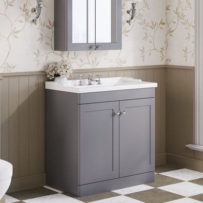 Nuie Classique 800mm Satin Grey Floor Standing 2 Door Vanity Unit with 3 Tap Hole Basin