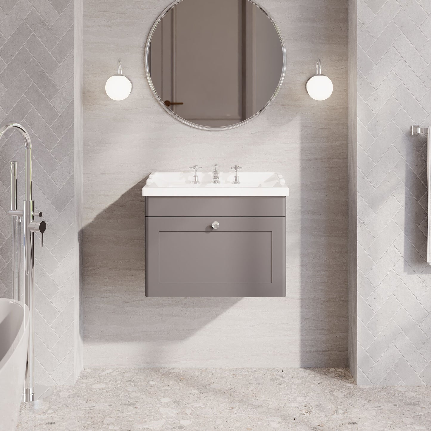 Nuie Classique 600mm Satin Grey Wall Hung 1 Drawer Vanity Unit With 3 Tap Hole Basin
