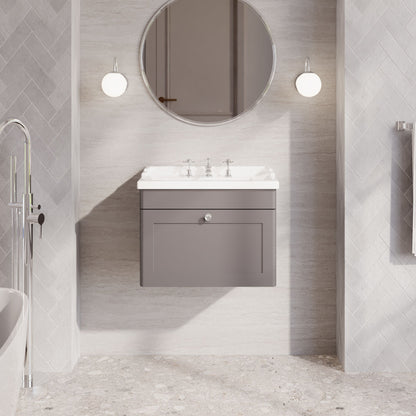 Nuie Classique 600mm Satin Grey Wall Hung 1 Drawer Vanity Unit With 3 Tap Hole Basin