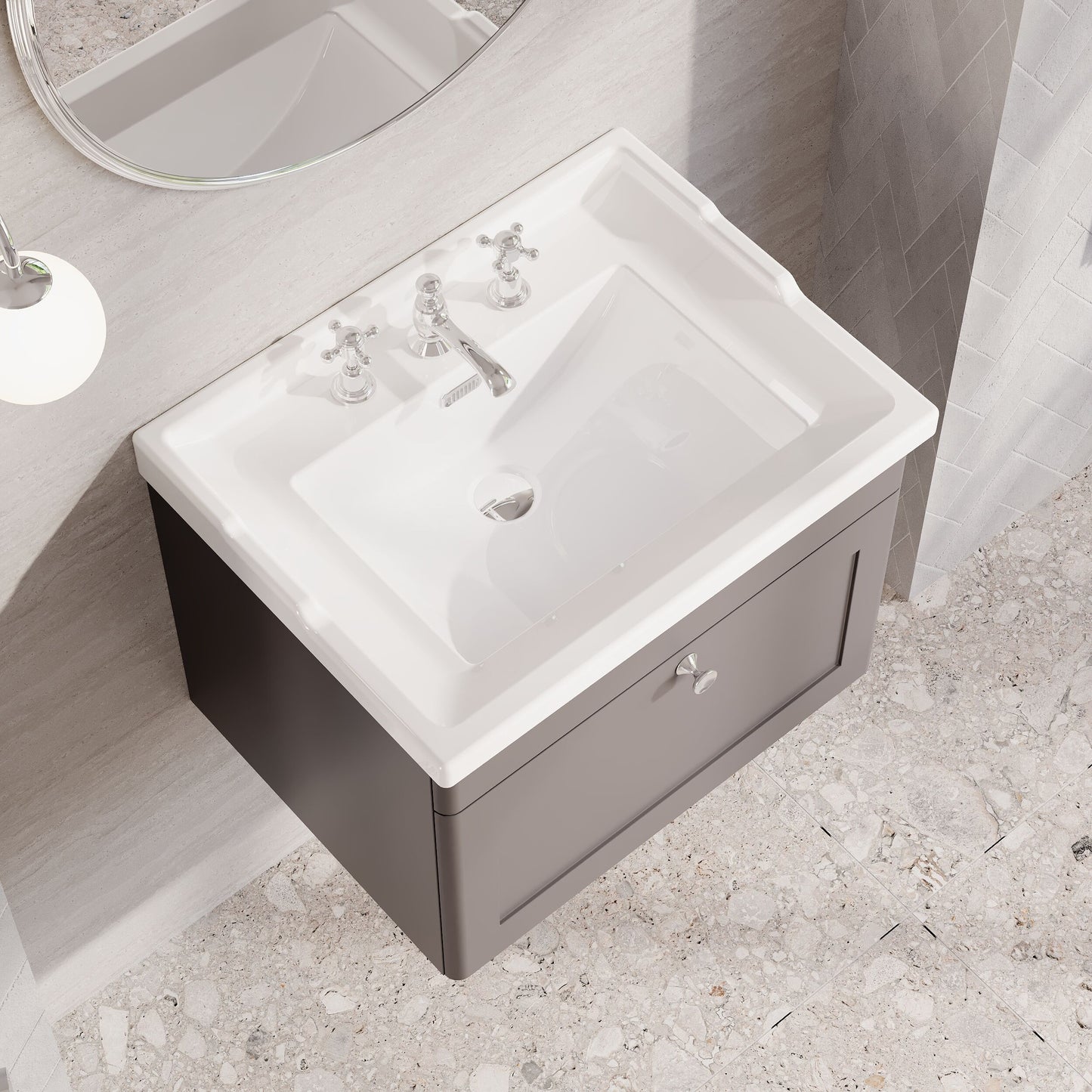 Nuie Classique 600mm Satin Grey Wall Hung 1 Drawer Vanity Unit With 3 Tap Hole Basin