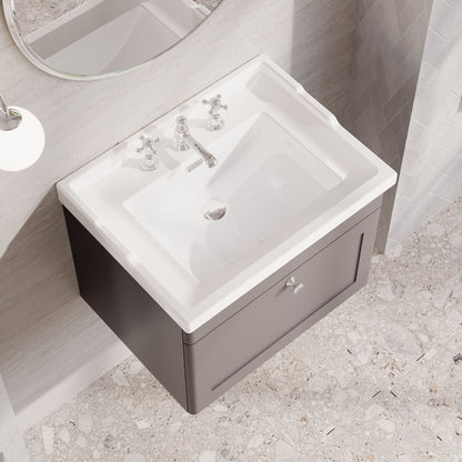 Nuie Classique 600mm Satin Grey Wall Hung 1 Drawer Vanity Unit With 3 Tap Hole Basin