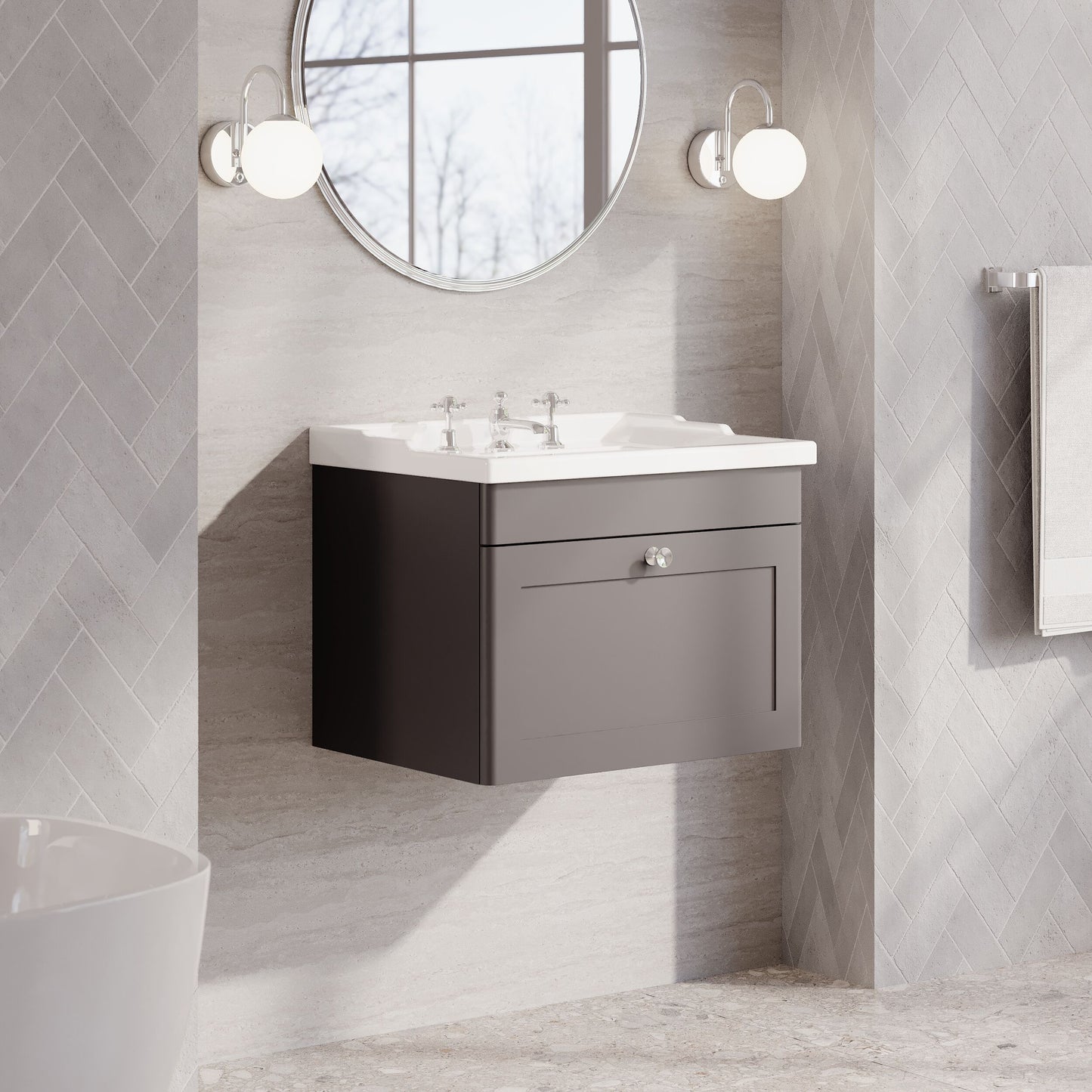 Nuie Classique 600mm Satin Grey Wall Hung 1 Drawer Vanity Unit With 3 Tap Hole Basin
