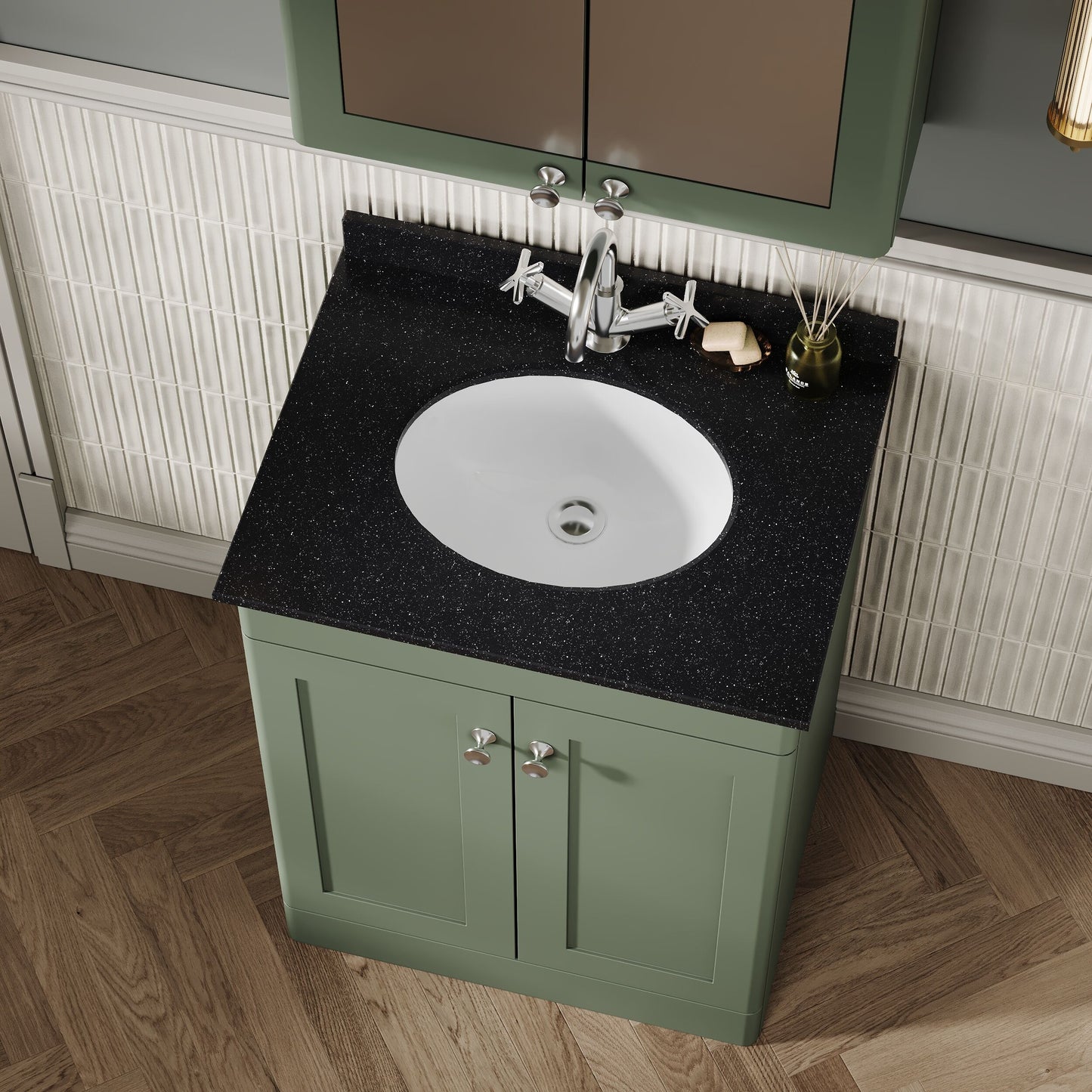 Nuie Classique 600mm Satin Green Floor Standing 2 Door Basin Unit With Handles & Backsplash