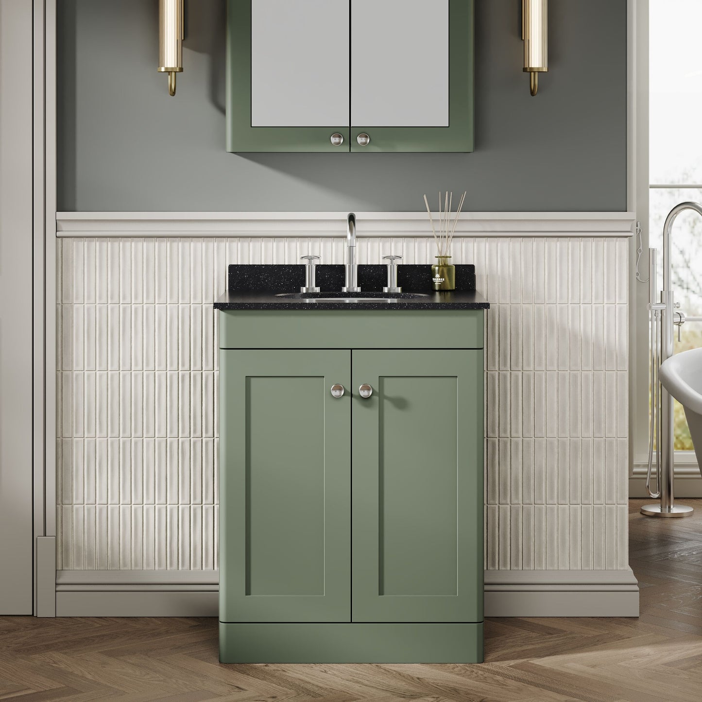 Nuie Classique 600mm Satin Green Floor Standing 2 Door Vanity Unit with 3 Tap Hole Basin