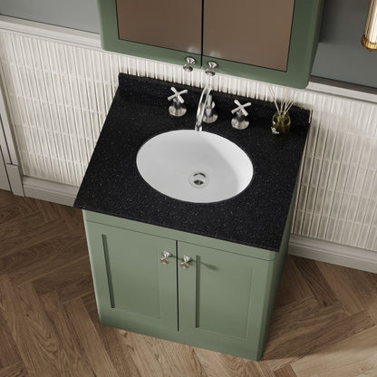Nuie Classique 600mm Satin Green Floor Standing 2 Door Vanity Unit with 3 Tap Hole Basin