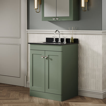 Nuie Classique 600mm Satin Green Floor Standing 2 Door Vanity Unit with 3 Tap Hole Basin