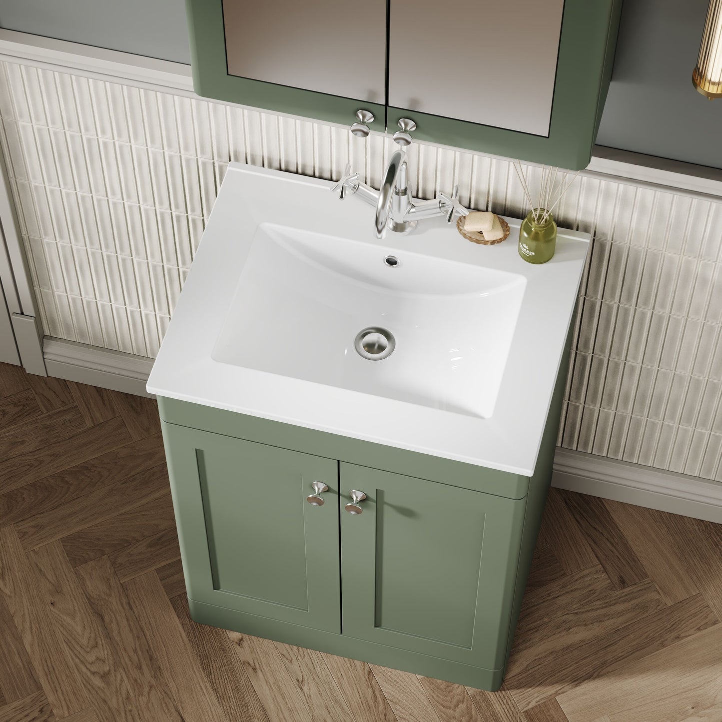 Nuie Classique 600mm Satin Green Floor Standing 2-Door Vanity Unit with Basin & 1 Tap Hole