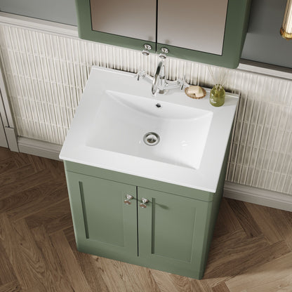 Nuie Classique 600mm Satin Green Floor Standing 2-Door Vanity Unit with Basin & 1 Tap Hole