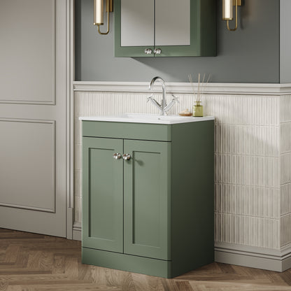 Nuie Classique 600mm Satin Green Floor Standing 2-Door Vanity Unit with Basin & 1 Tap Hole