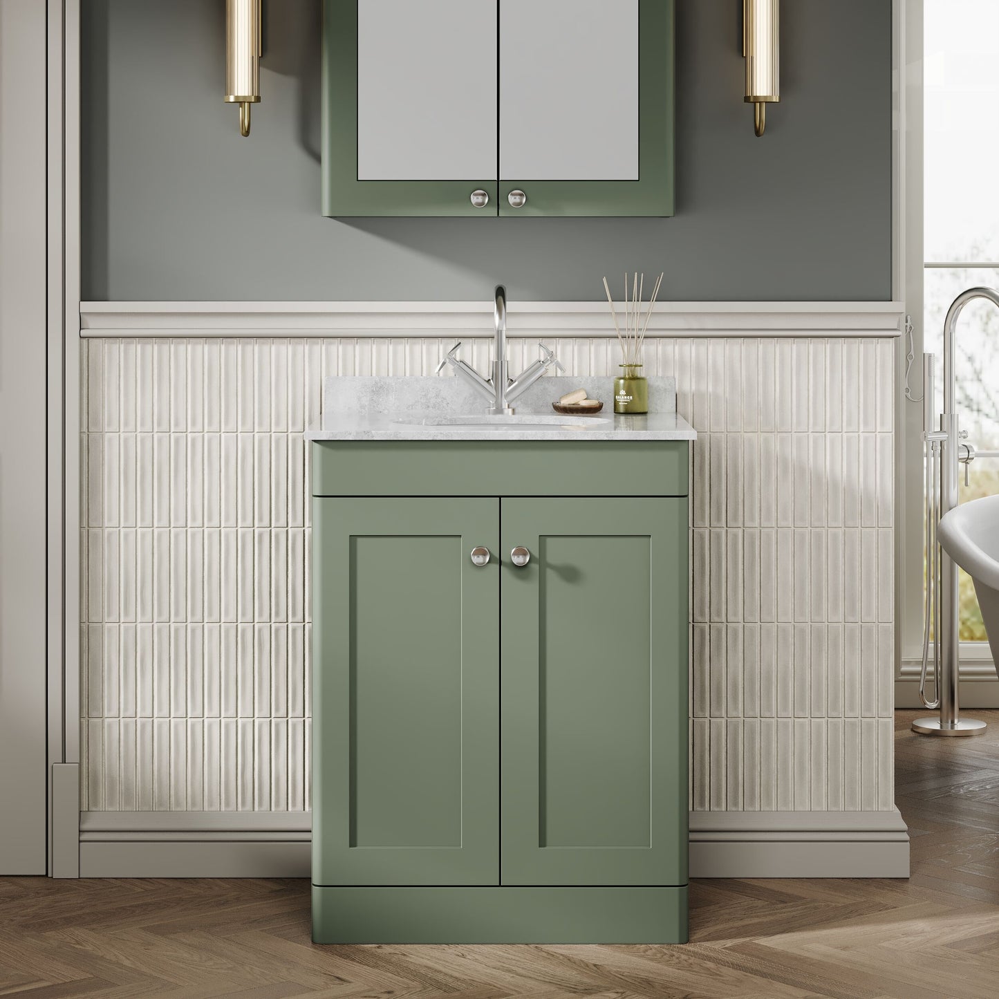 Nuie Classique 600mm Satin Green Floor Standing 2 Door Vanity Unit With Basin and Backsplash