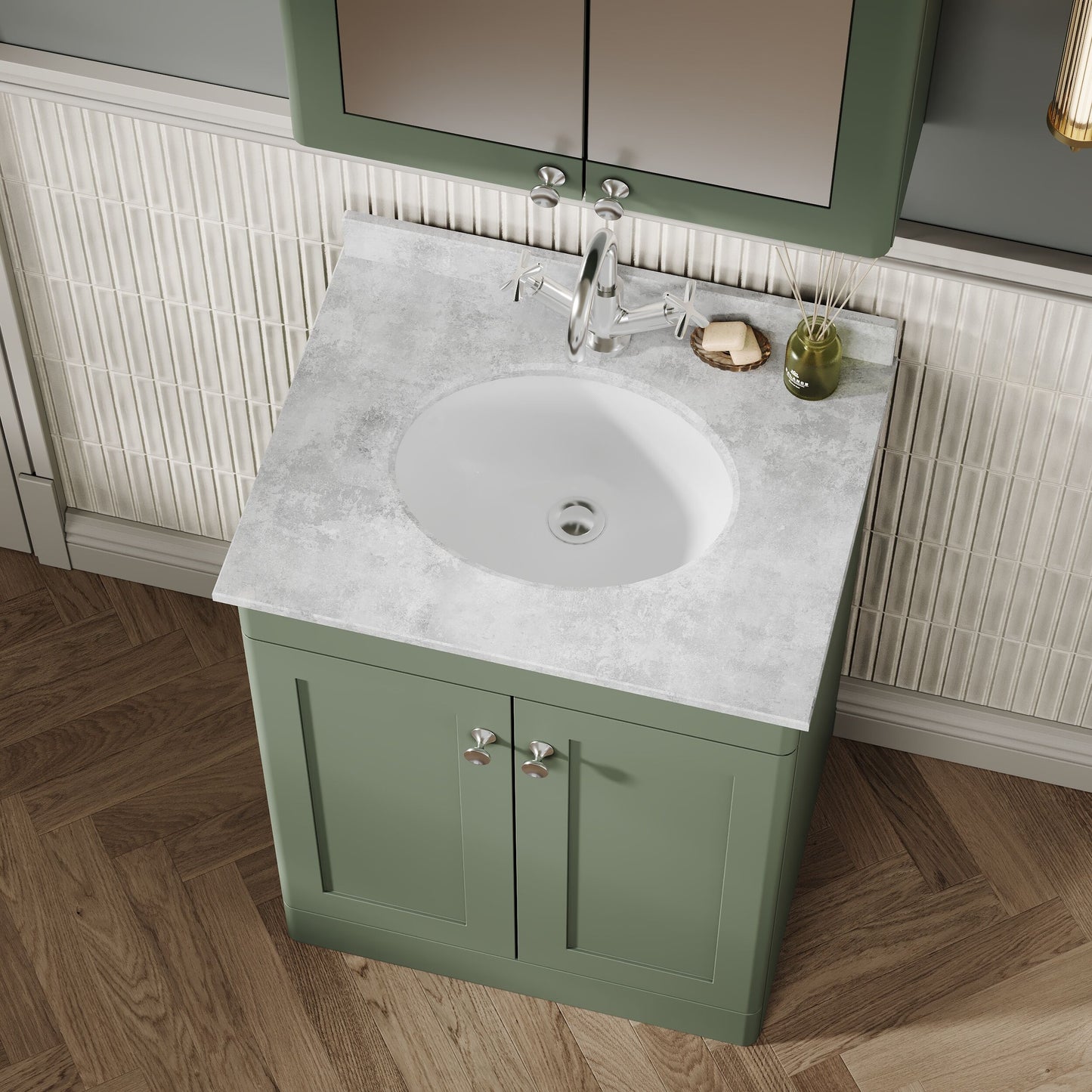 Nuie Classique 600mm Satin Green Floor Standing 2 Door Vanity Unit With Basin and Backsplash