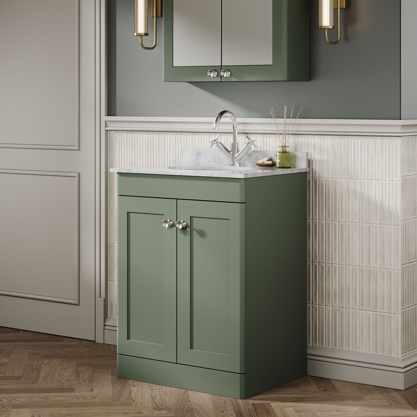 Nuie Classique 600mm Satin Green Floor Standing 2 Door Vanity Unit With Basin and Backsplash
